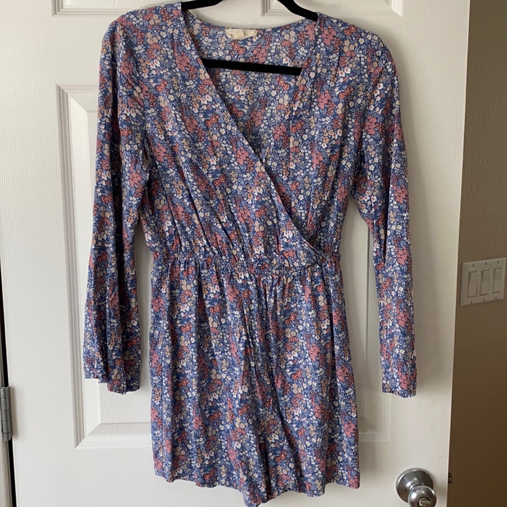 Blue and pink floral long sleeve romper